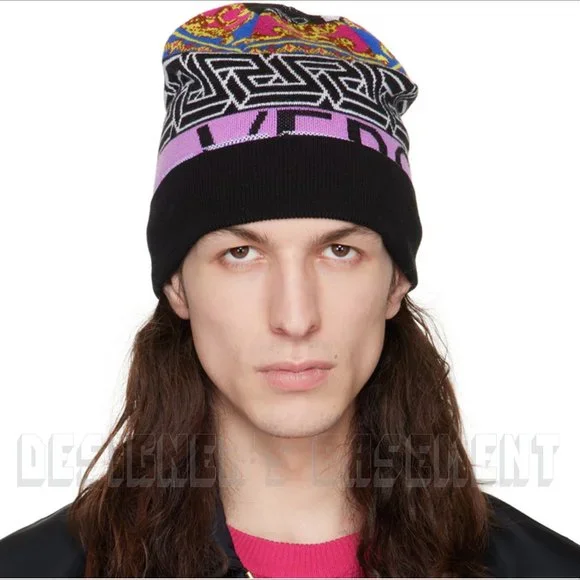 VERSACE Medusa Renaissance Greca Pattern Logo Intarsia wool blend Beanie hat NWT - Picture 7 of 7